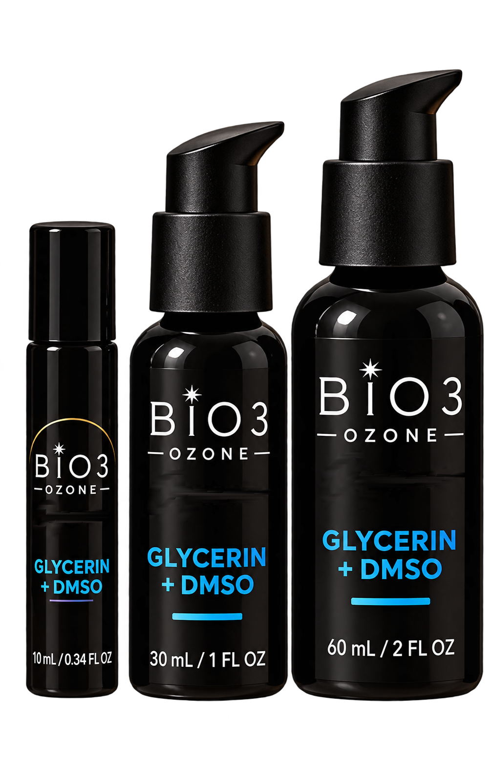 Bio3 Ozone Glycerin + DMSO bottles in 10, 30 and 60 mL sizes, background-removed product rendering
